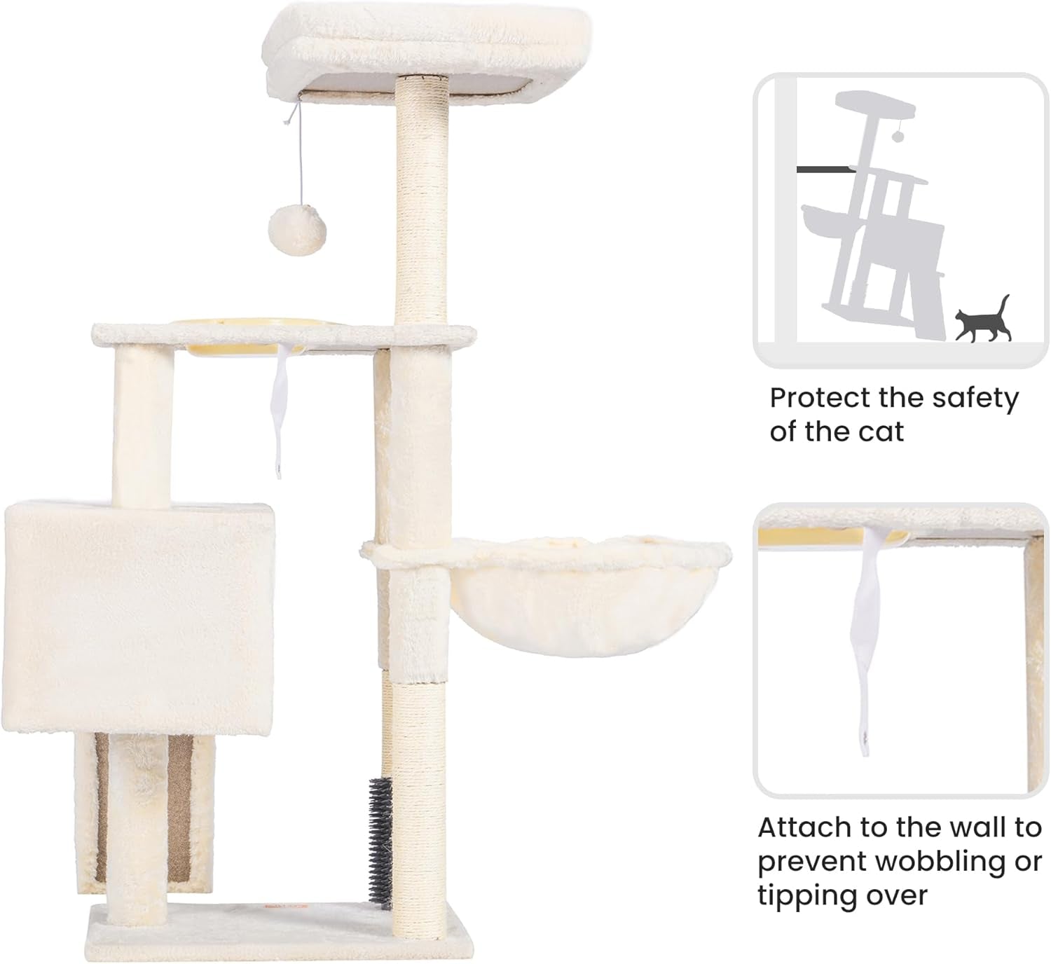 Cat Tree with Cat Self Groomer Brush, Cat Tower Condo for Indoor Cats with Padded Plush Perch, Cat House with Basket Scratching Board Post, Beige HCT005SM