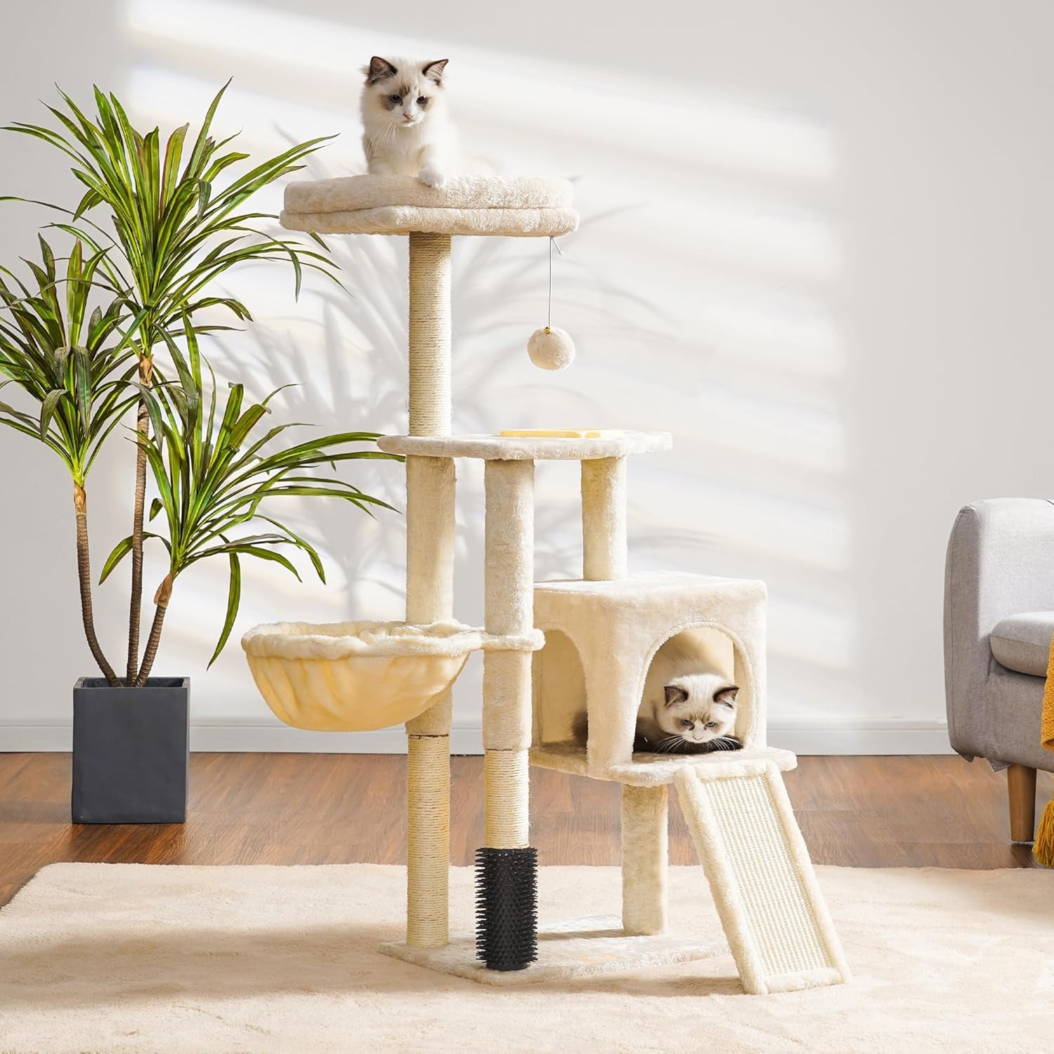 Cat Tree with Cat Self Groomer Brush, Cat Tower Condo for Indoor Cats with Padded Plush Perch, Cat House with Basket Scratching Board Post, Beige HCT005SM