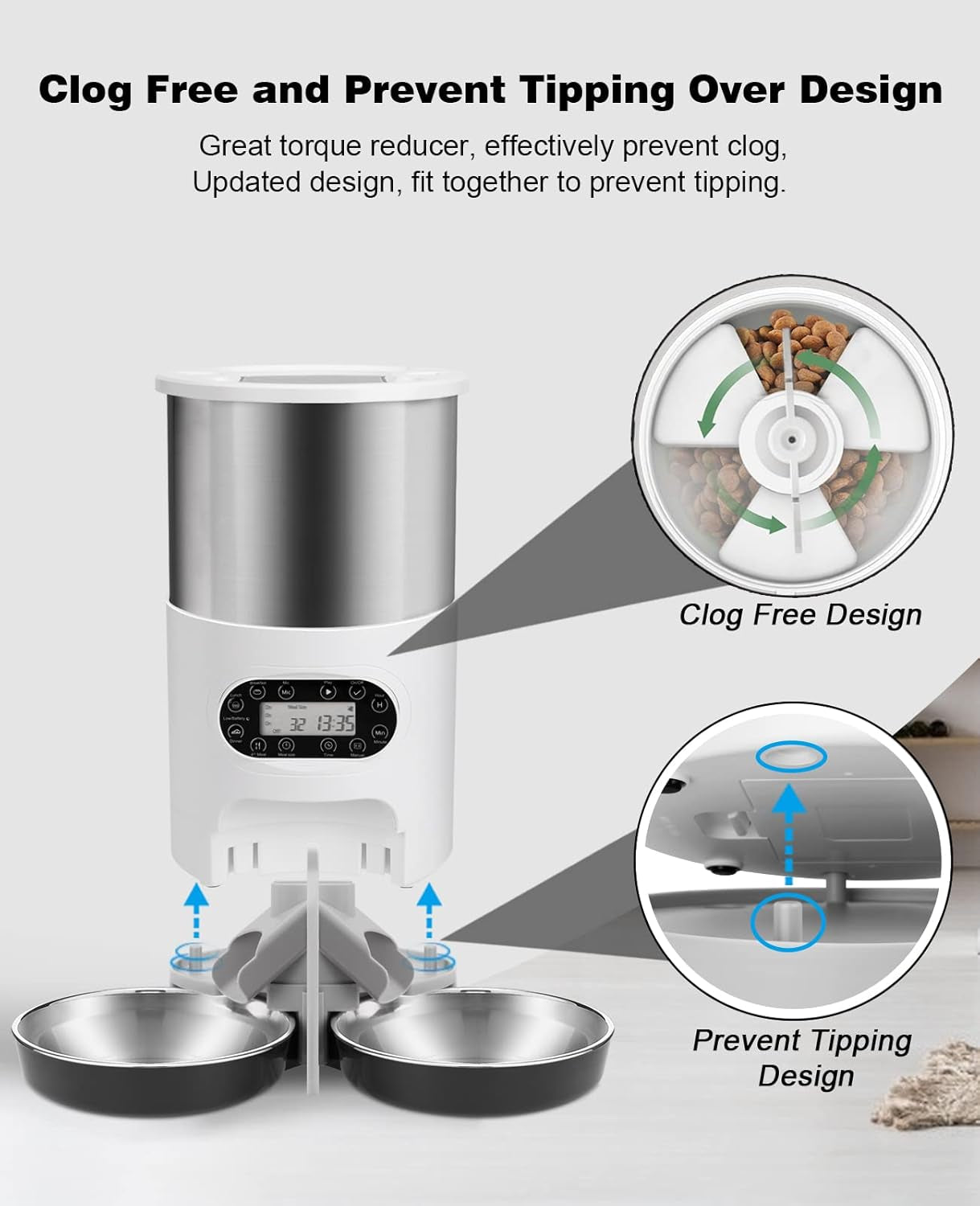 Automatic Cat Feeders, 304 Stainless Steel Timed Cat Food Dispenser for 2 Cats & Small Dog, 4.5L Pet Feeder with 2-Way Splitter, 1-4 Meals Portion Control,10S Voice Recorder, Dual Power Supply