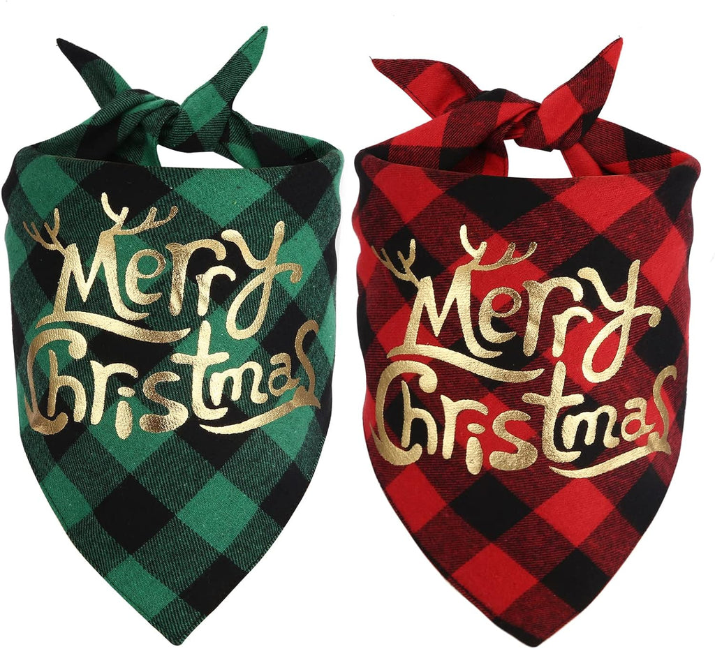 Dog Christmas Bandana for Dogs(2 Pack),Classic Buffalo Plaid with Golden Merry Christmas Pattern Dog Bandanas for Small Medium Large Dogs Accessories Triangle Dog Christmas Scarf