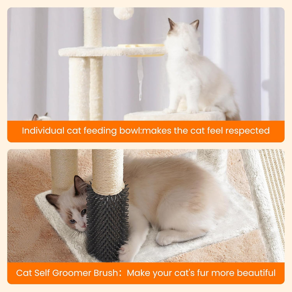 Cat Tree with Cat Self Groomer Brush, Cat Tower Condo for Indoor Cats with Padded Plush Perch, Cat House with Basket Scratching Board Post, Beige HCT005SM