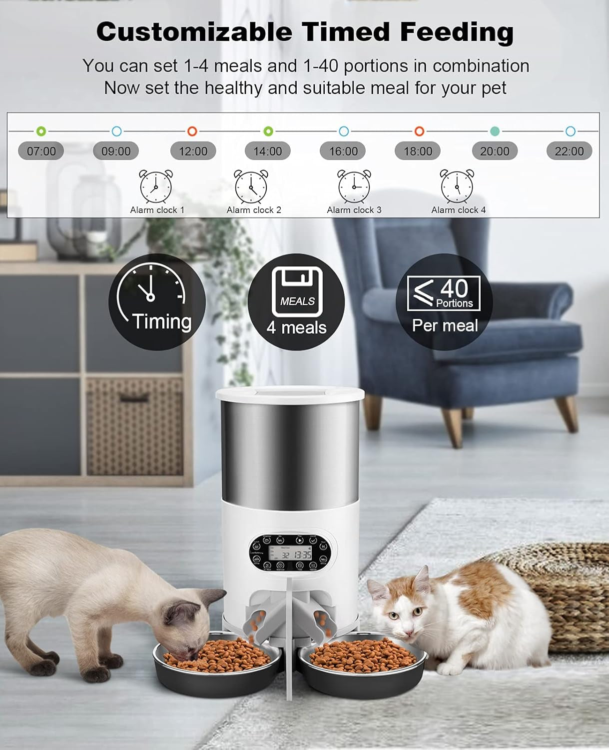 Automatic Cat Feeders, 304 Stainless Steel Timed Cat Food Dispenser for 2 Cats & Small Dog, 4.5L Pet Feeder with 2-Way Splitter, 1-4 Meals Portion Control,10S Voice Recorder, Dual Power Supply