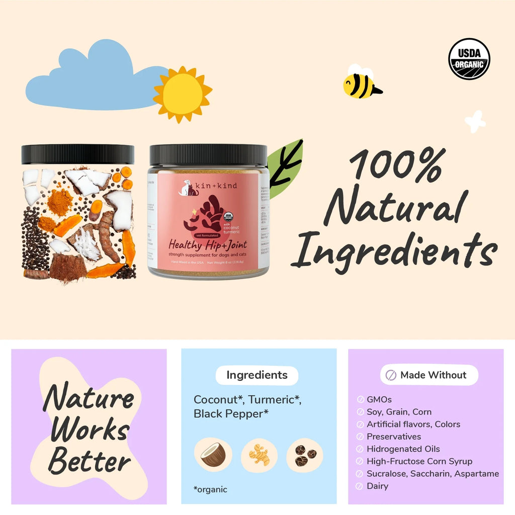 Organic Hip & Joint Supplement for Dogs & Cats - Vet Formulated with Turmeric, Black Pepper & Coconut - Natural Supplement for Dog & Cat Joint Support & Health - Made in USA